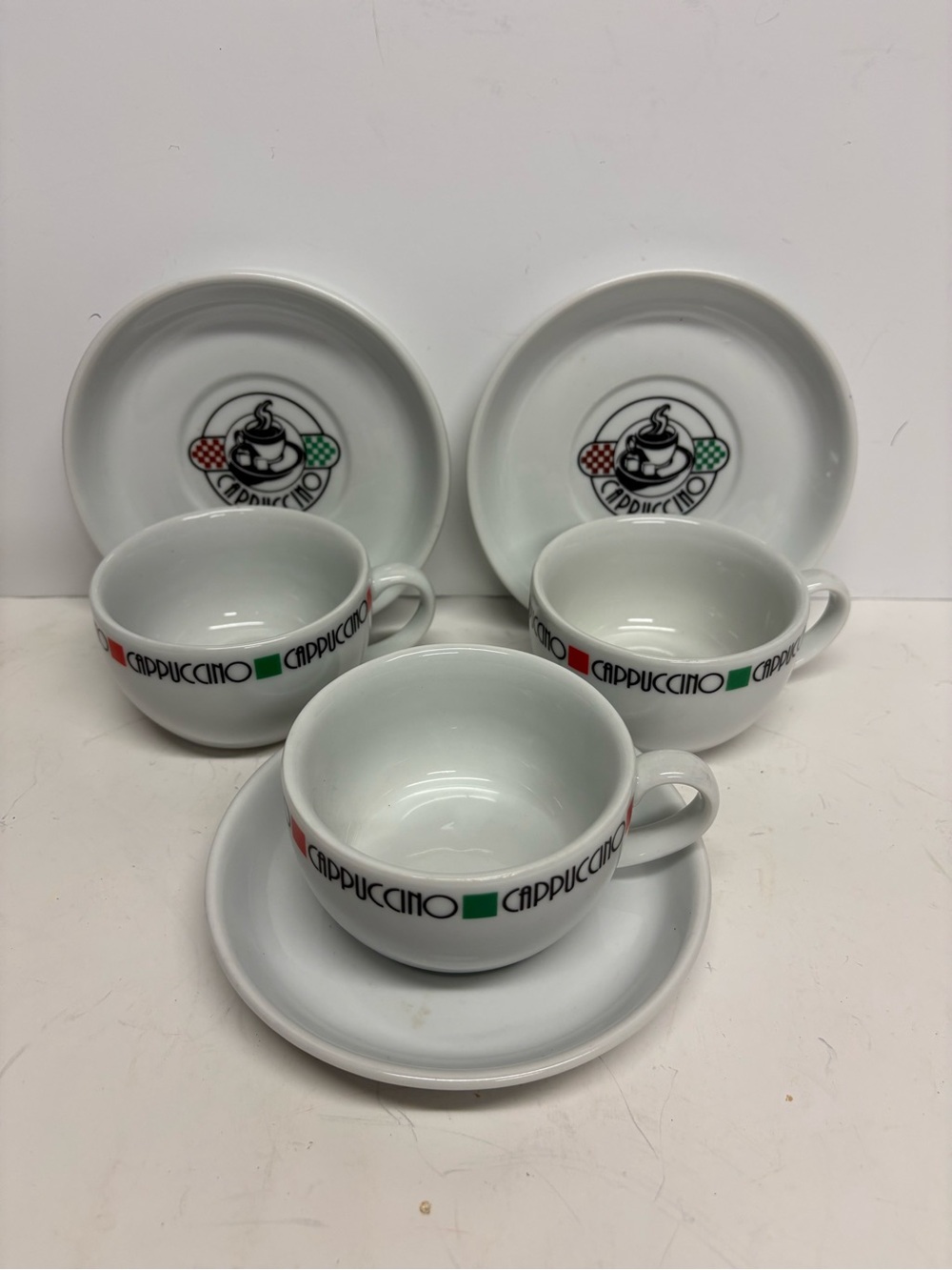 Cappuccino Espresso Cups with Saucers - White with Red & Green Accents Set of 3 - Picture 6 of 12